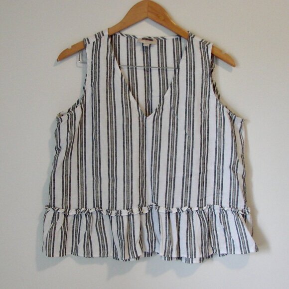 Linen Striped Sleeveless Top Blue White Gold Lurex Ruffle Hem Flowy Large Petite - Picture 1 of 11